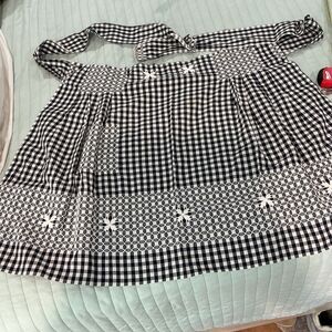 Vintage Handmade Black White Gingham Half Apron Embroidered Pocket 70” Tie
